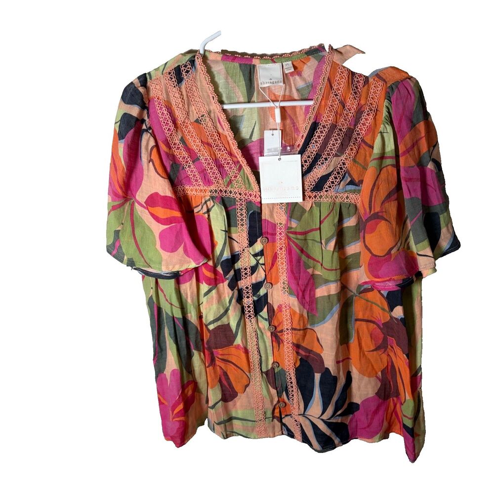 Sharagano Blouse Women's Petite Large V-Neck Short Sleeve Lace Colorful Floral